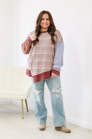 Stripes of Fun Mineral Wash Top in Rose