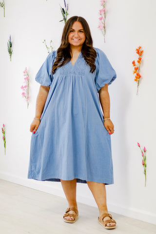 Pretty Lady Smocked Midi Dress in Lt. Blue