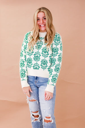 Amelia Lane Floral Patter Sweater in Green