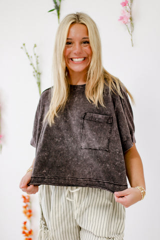 Breezy Chic Oversized Washed Crop Top in Black