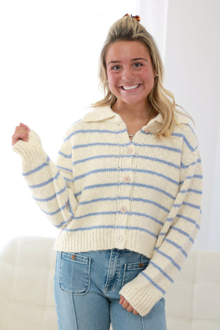 Glistening Snow Striped Button Up Sweater in Ivory/Blue