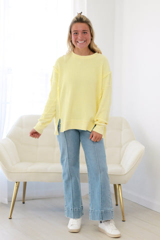 All For One Waffle Knit Pullover in Lemon Drop