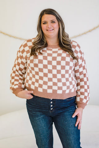 Trendy Girl Mocha Check Print Sweater