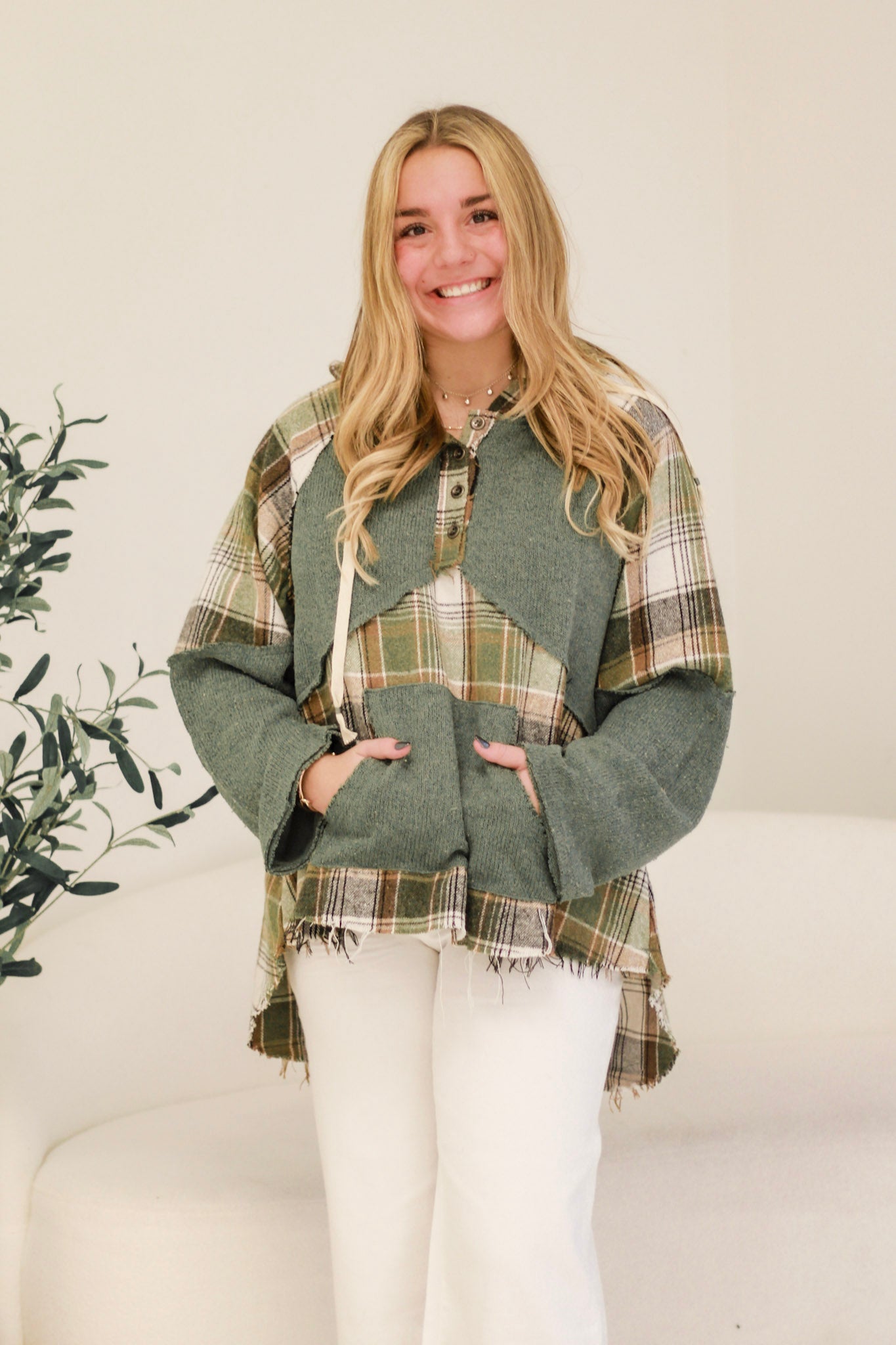 Around the Bonfire Plaid Hoodie in Olive