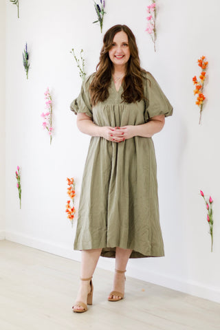 Pretty Lady Smocked Midi Dress in Lt. Olive