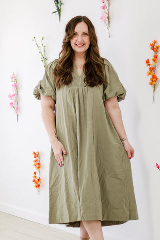 Pretty Lady Smocked Midi Dress in Lt. Olive