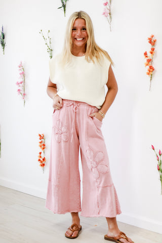 Flower Power Terry Knit Pants in Dried Rose
