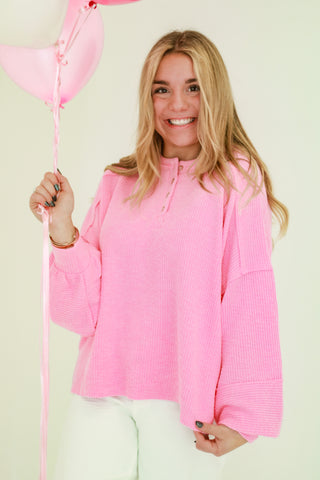 Candy Kisses Ribbed Henley in Pink