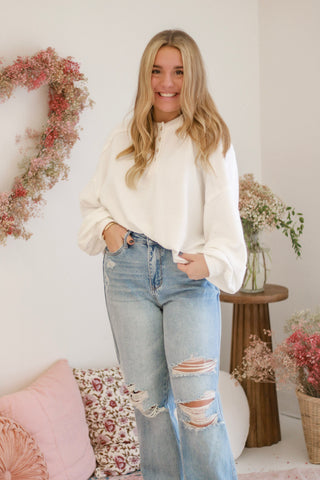 Candy Kisses Ribbed Henley in White