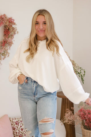 Candy Kisses Ribbed Henley in White