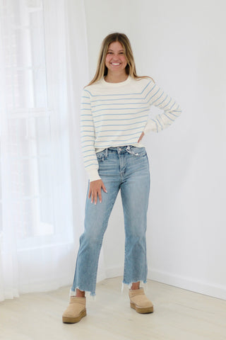 A Change of Heart Striped Lightweight Sweater in Sky Blue