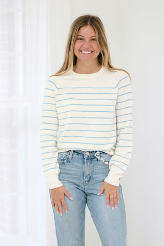 A Change of Heart Striped Lightweight Sweater in Sky Blue