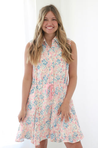 Loving You Hard Cinch Waist Floral Eyelet Dress