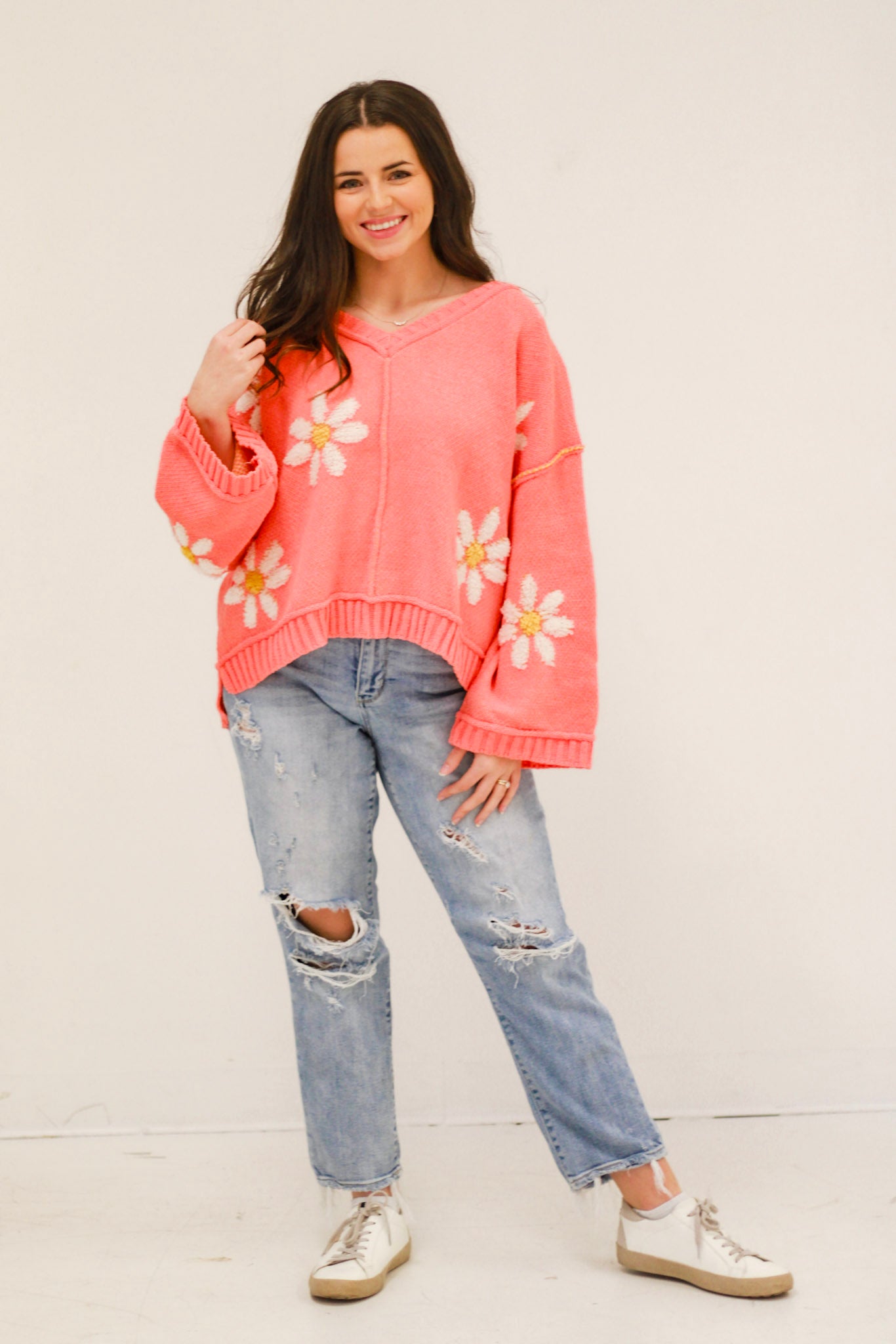 Holding Hands with You Floral Sweater in Coral