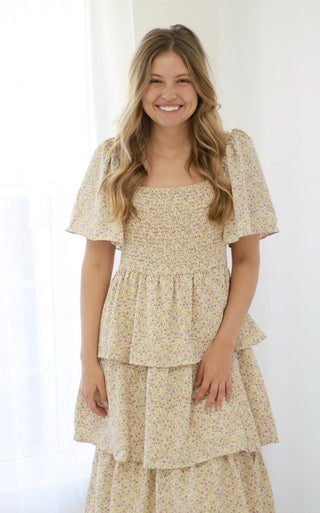 Meet Me at Brunch Maxi Dress in Lemon/Lavendar