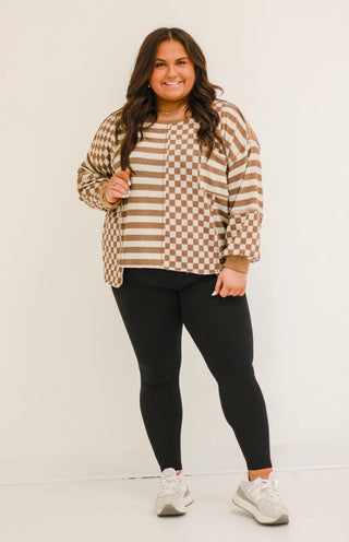 MIddle of a Memory Check/Stripe Top in Mocha