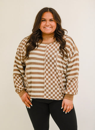 MIddle of a Memory Check/Stripe Top in Mocha