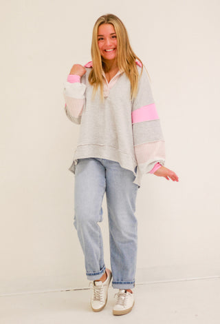 Not Mad About it Bucketlist French Terry Pullover in Heather Gray/Pink Mix