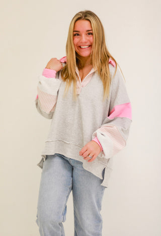 Not Mad About it Bucketlist French Terry Pullover in Heather Gray/Pink Mix