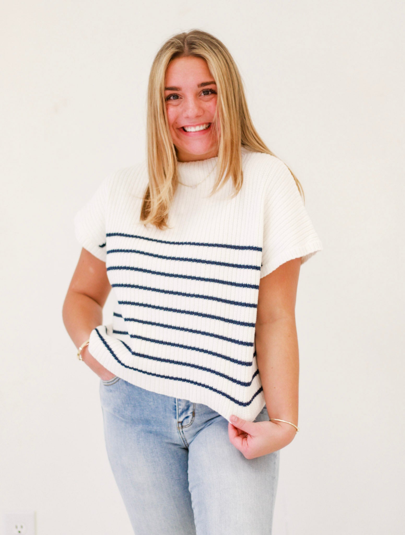 Already Gone Striped Sweater in White/Navy