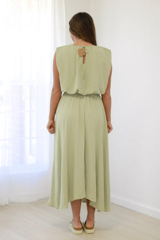 In the Moment Pleated Midi Skirt in Light Olive