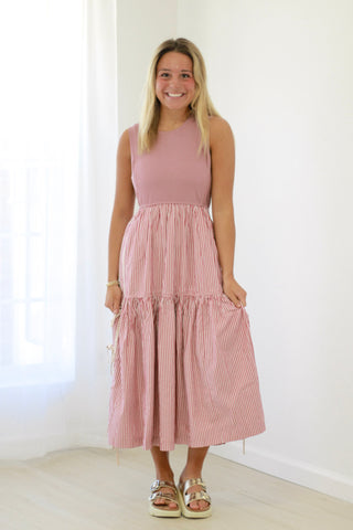Lucky Me Stripe Dress in Dusty Mauve