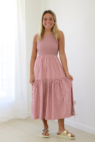 Lucky Me Stripe Dress in Dusty Mauve