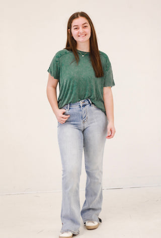 Bimini Days Acid Wash Ribbed Top in Hunter Green