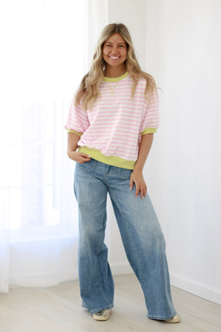 Effortless Striped French Terry Sweatshirt in Pink/Lime