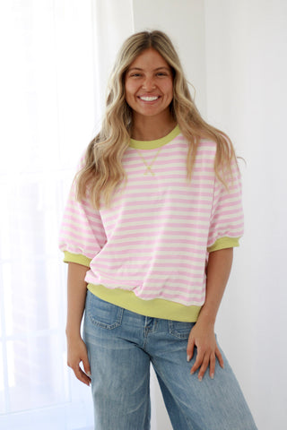 Effortless Striped French Terry Sweatshirt in Pink/Lime
