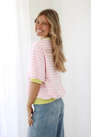 Effortless Striped French Terry Sweatshirt in Pink/Lime