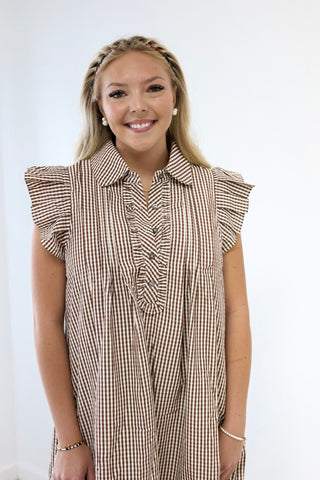 Pleasantly Yours Gingham Print Dress in Brown