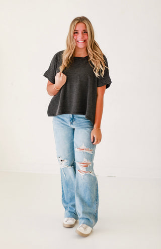 Happy Here Ribbed Top in Charcoal
