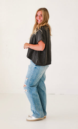 Happy Here Ribbed Top in Charcoal