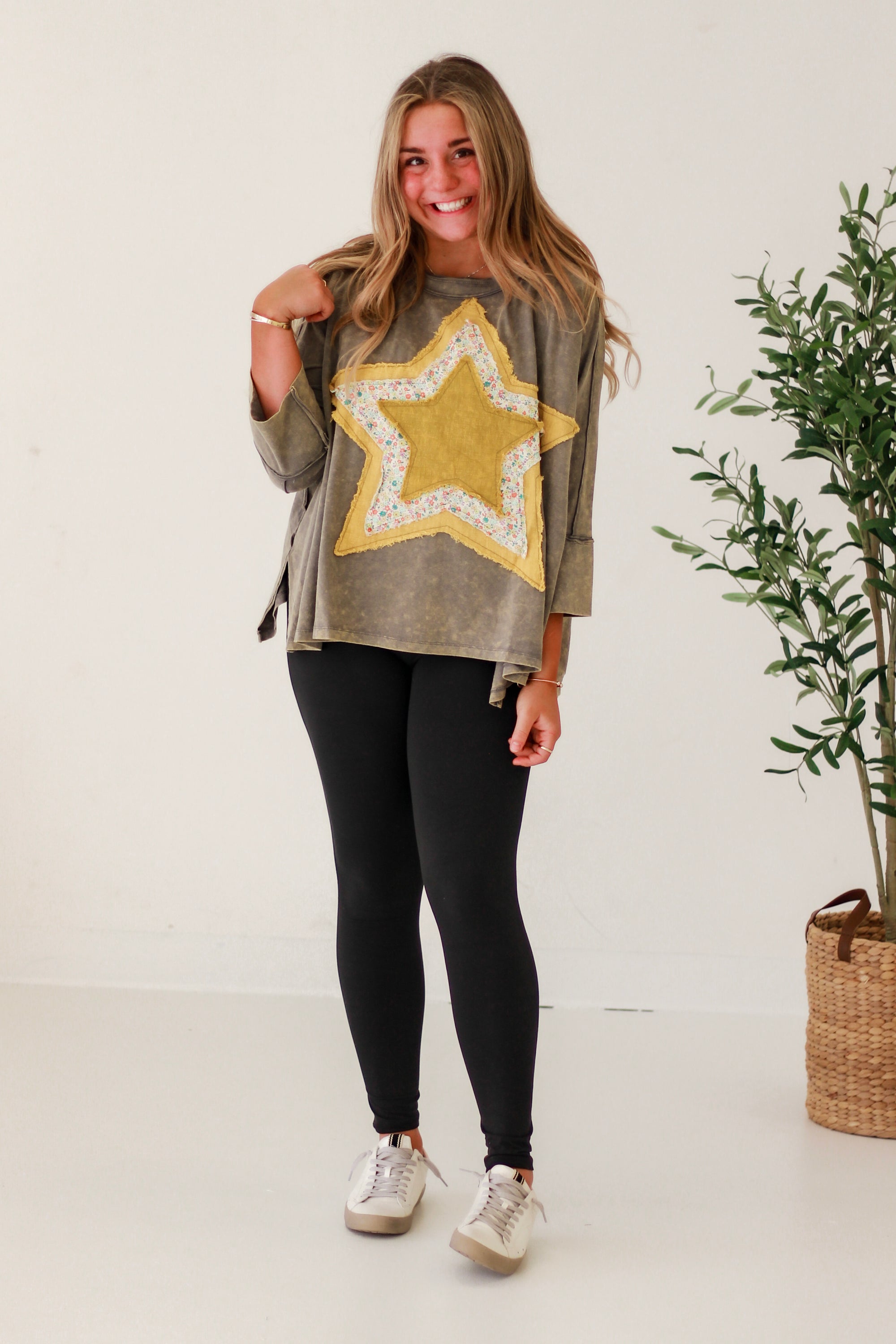 Happy Places Patchwork Star Top in Ash