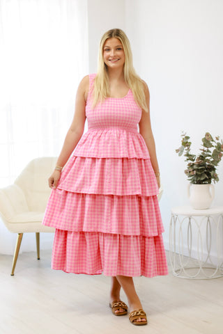 Girly Girl Gingham Midi Dress in Pink