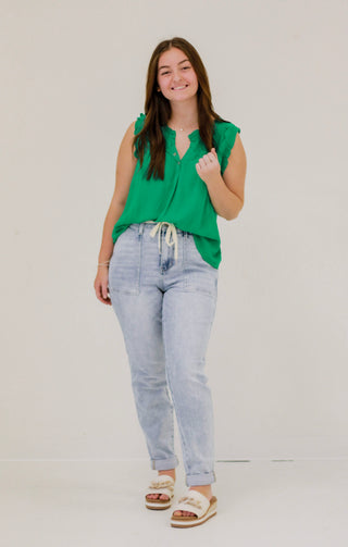 Ruffle Me That Blouse in Kelly Green