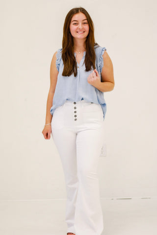 Ruffle Me That Blouse in Chambray