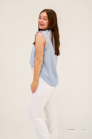 Ruffle Me That Blouse in Chambray