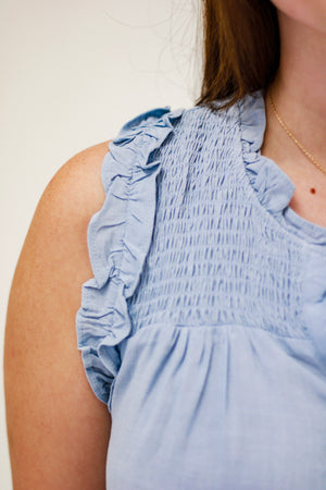 Ruffle Me That Blouse in Chambray