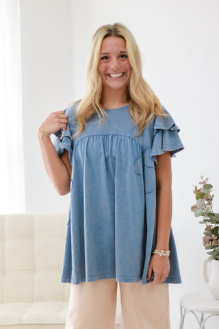 Fresh as Spring Basic Top in Washed Denim