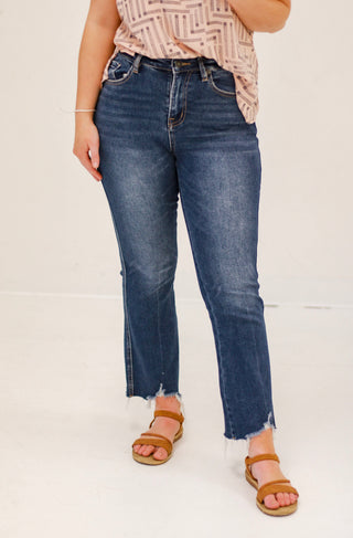 Fray Hem Crop Flare in Dark Wash by Mica