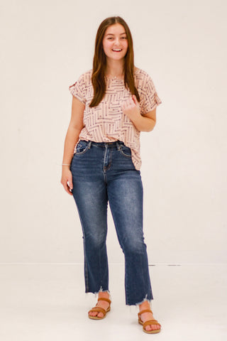 Fray Hem Crop Flare in Dark Wash by Mica
