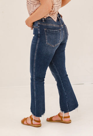 Fray Hem Crop Flare in Dark Wash by Mica