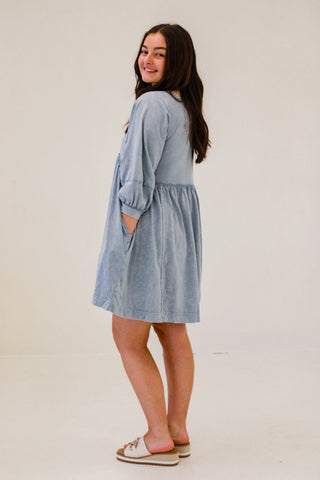 Counting on Spring Babydoll Dress in Dusty Blue