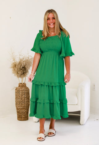Green With Envy Tiered Ruffle Midi Dress