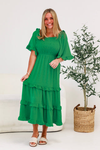 Green With Envy Tiered Ruffle Midi Dress