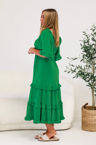 Green With Envy Tiered Ruffle Midi Dress