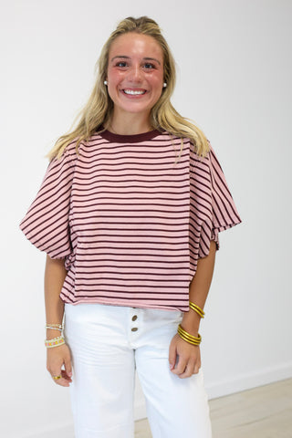 The Usual Suspect Striped Top in Wine/Pink