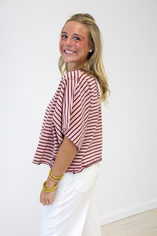 The Usual Suspect Striped Top in Wine/Pink